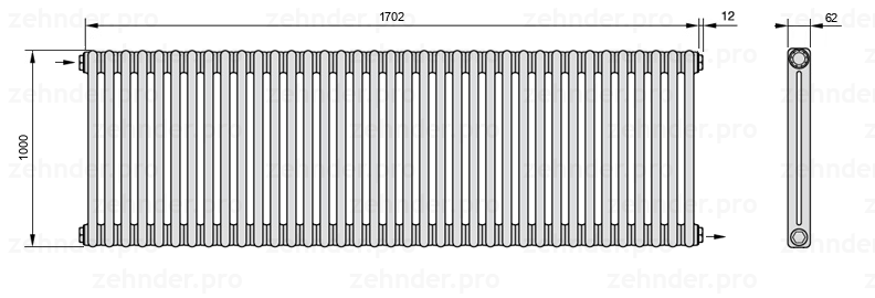 Схема (чертеж) Радиатор Zehnder Charleston 2100/37 №1670 Белый глянцевый RAL 9016